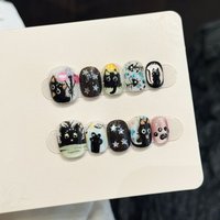 10 PCS Luxury Handmade Press on Nails Short Oval Hand-painted Small cat Design with 3-PIECE Tool Adhesive Nail Glue Tabs