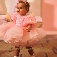 Meadow Blush Pink Children Birthday Wedding Dress with Sequined and Bow Flower Girl Dress Short Sleeve Cute Princess Girls Dress