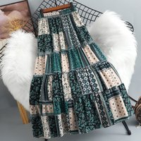Ethnic Style Color Blocks Printed Boho Long Skirt Autumn Elastic Waist Bohemian Paisley Floral A-line Patchwork Calf Long Skirt