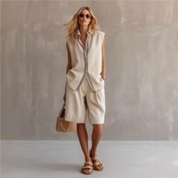 Summer Fashion New Loose Pocket Two Piece Sets Women's Casual Single Breasted Sleeveless Linen Shirt 2piece Set Ladies Beach Set