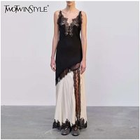 TWOTWINSTYLE Hit Color Loose Dresses For Women Square Neck Sleeveless High Waist Temperament Minimalist Dress Female Fashion New