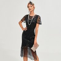 Women Prom Dress Vintage Style Hollow Lace Tassel And Sequin Decor See-through Round Neck Short Sleeves Slim Fit Back Zipper Clo