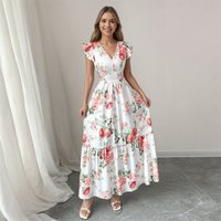 Summer Sleeveless Floral Print Dress Elegant Temperament Women's Clothing Fashionable Lotus Leaf Sleeve Maxi Dress