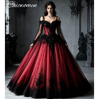 Vintage Black Red Ombre Wedding Dress Princess Long Sleeve Lace Gothic Bridal Gowns Vampire Halloween Ball Gown Plus Size Tulle
