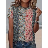 Plus Size Boho T-shirt Women's Plus Colorblock Ditsy Floral Print Short Sleeve Round Neck Slight Stretch T-shirt