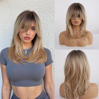 ALAN EATON Layered Synthetic Wigs with Bangs Straight Highlights Blonde Brown Shoulder length Wig for Women Daily Cosplay Wigs