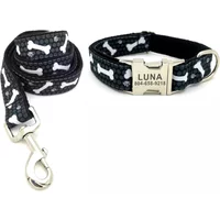 Personalized Grey Dots Pet Collar Custom Puppy ID Tag Adjustable Cat Accessory Dog Paw Bones Black Basic Dog Collars Leash