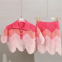 New Short POLO Collar Knit Sweater Short Sleeve T-Shirt Striped skirt Pullover Suit Women