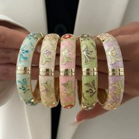 Trendy Wide Hollow Enamel Bangles for Women Chinese Style Luxurious Cloisonne Spring Buckle Bracelet Charms Party Jewelry
