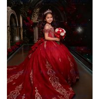 Elegant Red Flower Girl Dress Gold Applique for Wedding Crystal Girls Pageant Dress with Long Bow Off Shoulder Ball Gown Dress