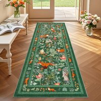 Green Cottagecore Fox Rabbit Runner Rug Whimsical Forest Animal Floral Hallway Rug Vintage Enchanted Woodland Pattern Long Rug