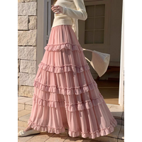 2026 Spring Summer Chiffon Ruffle Maxi Skirt Women’s A-Line Flowy Long Skirts, Tiered Layers