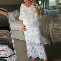 Casual Flared Sleeve Solid Party Skirt Outfits Fashion Embroidery Hollow 2Pc Sets Elegant V-neck Pullover Top & Long Skirt Suit