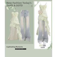 Fashionable Floral Halter Dress Gradient Jeans One Set Elegant Design Salt Series Outfit Long Sleeve Polyester Casual Wear