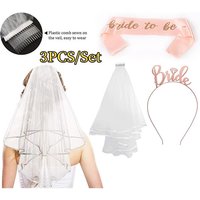 3PCS Bride Sash Veil Bachelorette Party Decorations Kit Veil Sash Tiara Headband Banner Bachelorette Shower Wedding Set