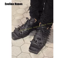 Rivet Spikes Lace Up Punk Shoes 2025 Spring New Arrival Dark Street Style Square Toe Chunky Heels Patchwork Couple Fashion Pumps