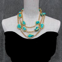 YYGEM office style 3 Rows Blue Turquoise Freeform Shape Gold Plated link Chain Necklace
