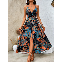 Boho Tropical Floral Print Backless Maxi Dress - V-Neck Spaghetti Strap Dress for Beach Vacation, Summer & Casual Wear