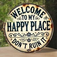 1Pc Vintage Round Aluminum Tin Sign Waterproof HD Print Happy Place 20cm - Farmhouse Kitchen Bar Wall Decor