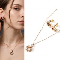 Women Two-Tone Gold Plated Interlocking Ring Jewelry Set Necklace Earrings Minimalist Elegant Statement Fashion Jewelry Gift for