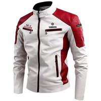 AliExpress Yamaha Men's Leather Motorcycle Jacket, Waterproof Pilot Jacket, Warm and Stylish Seams, High Neck Retro Style, Long Black Cycling Jack