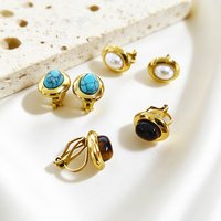 Vintage Oval Pearl Natural Stone Stainless Steel Ear Clips 18K Gold-Plated Simple Waterproof Non Pierced Earrings Jewelry
