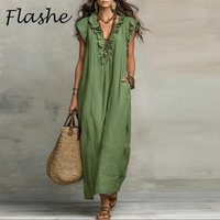 Summer V Neck Ruffle A-Line Party Dresses Elegant Butterfly Sleeve Bohemian Long Dress Loose Pocket Women Casual Maxi Dresses
