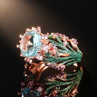 Huitan Aesthetic Floral Rings with Round Blue Cubic Zirconia Women for Wedding Accessories Pink Flower Green Leaf Enamel Rings