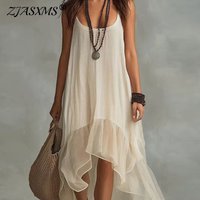 Boho Solid Sleeveless Maxi Dress Women Scoop Neck Spaghetti Strap High Low Irregular Ruffle Hem Flowy Casual Beach Holiday Dress