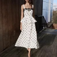 Women Black Polka Dot Tank Dress Square Neck Lace Patch High Waist Sleeveless Casual Long Dress