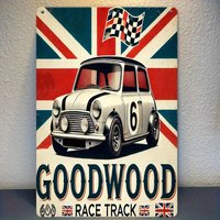 Vintage " British Racing Car Metal Wall Art - "GOODWOOD" Race Track Scene with Union Jack Flags, for Garage, Showroom, Club, Stu