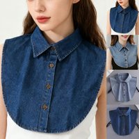 Women's Blue Washed Denim Pointed Collar Fake Collar, Professional Casual Versatile Decoration Half Shirt Style Collar
