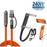Foldable Stand 240W USB-C Fast Charging Cable Braided 65W USB-A to Type-C Data Cable for iPhone 15/16/17 Samsung MacBook