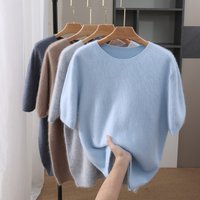100% Mink Knitted Short Sleeve Men's Pullover Short Sleeve Loose Round Neck Solid Color Half Sleeve Simple T-shirt Casual shirt