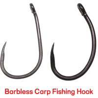 50PCS Matt Black Carp Fishing Barbless Hook Down Bent Eye Curved Shank Wide Gap Forged Shank Carp Rig Hooks Non-Barb Fishhooks