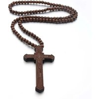 Cross Jesus Wood Necklace Pendant for Men Woman Wooden Beads Carved Long Rosary Catholic Necklaces Male Jewelry