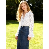 New Hot Seller Elegant Buttons Semi-Sheer Embroidered Lace Top Sexy Cardigan Cuffs Tie Long Sleeve Shirt Summer Women's Clothing