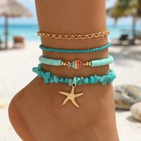 4PCS Layered Stackable Turquoise Chip Stone Anklet Set Clay Bead Starfish Fish Dainty Boho Summer Beach Jewelry for Women
