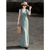 MEXCOCO 2026 New Summer Elegant French Sleeveless V Neck Printed Maxi Dress Slim Bodycon Long Party Beach Sundress