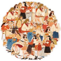 Etori Life Warm Orange Series Coffee Girl Cat Journal Stickers Retro Art Style Pet Stickers Suitable for Laptops, Phone Backs, Suitcases, Diaries, Scrapbooking Supplies, Office Decoration Accessories,
