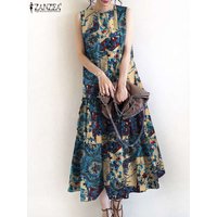 ZANZEA Casual Cotton A-line Vestidos Loose Bohemian Women Vintage Printed Tiered Robes Sleeveless Summer 2024 O Neck Midi Dress