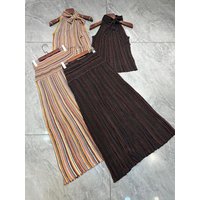 Women Sequins Striped Knitted Set Lace-up Stand Collar Sleeveless Vest + Elastic Waist A-Line Long Skirt Fashion Knit Suit