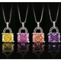 Luxury Purple Pink Yellow Orange Padlock Lock Shape Necklace Square Cubic Zirconia Chain for Women Wedding Party Jewelry Gift