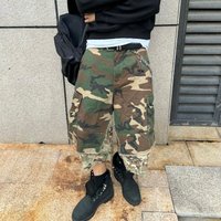 American Vintage Distressed Worn-out Fake Two-piece Camouflage Wide-leg Denim Cropped Shorts Hip Hop Camo Cargo Jeans Shorts