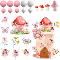 Fairy Mushroom Cake Topper Set Pink Flower Butterfly Cupcake Picks for Girl Birthday Party Decoration