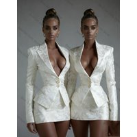 White Printed Women Suit Skirt Set 2 Piece Blazer+Short Mini Prom Dress Formal Office Lady Jacket Customized Party Wedding Coat image 3