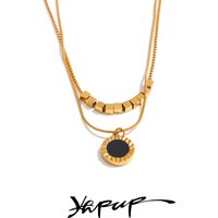 Yhpup Double Side Layered Pendant Necklace Natural Shell Black Acrylic Popular Stainless Steel Chain Collar Jewelry for Women
