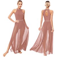 Womens Ballet Dress Lyrical Latin Dance Performance Costume Sleeveless Keyhole Back Shiny Rhinestones Side Split Mesh Maxi Dress
