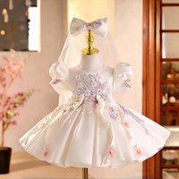Dreamy Vow D264 White Flower Girl Dress Puff Sleeve Pearl Embroidery Satin Kids Wedding Dress with Veil Headband Pageant Gown