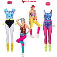 Female Retro 80s 90s Bodysuit Cosplay Costume Women Sportwear Headband 6Pcs/Set Outfits Halloween Carnival Running Clothes Suit
